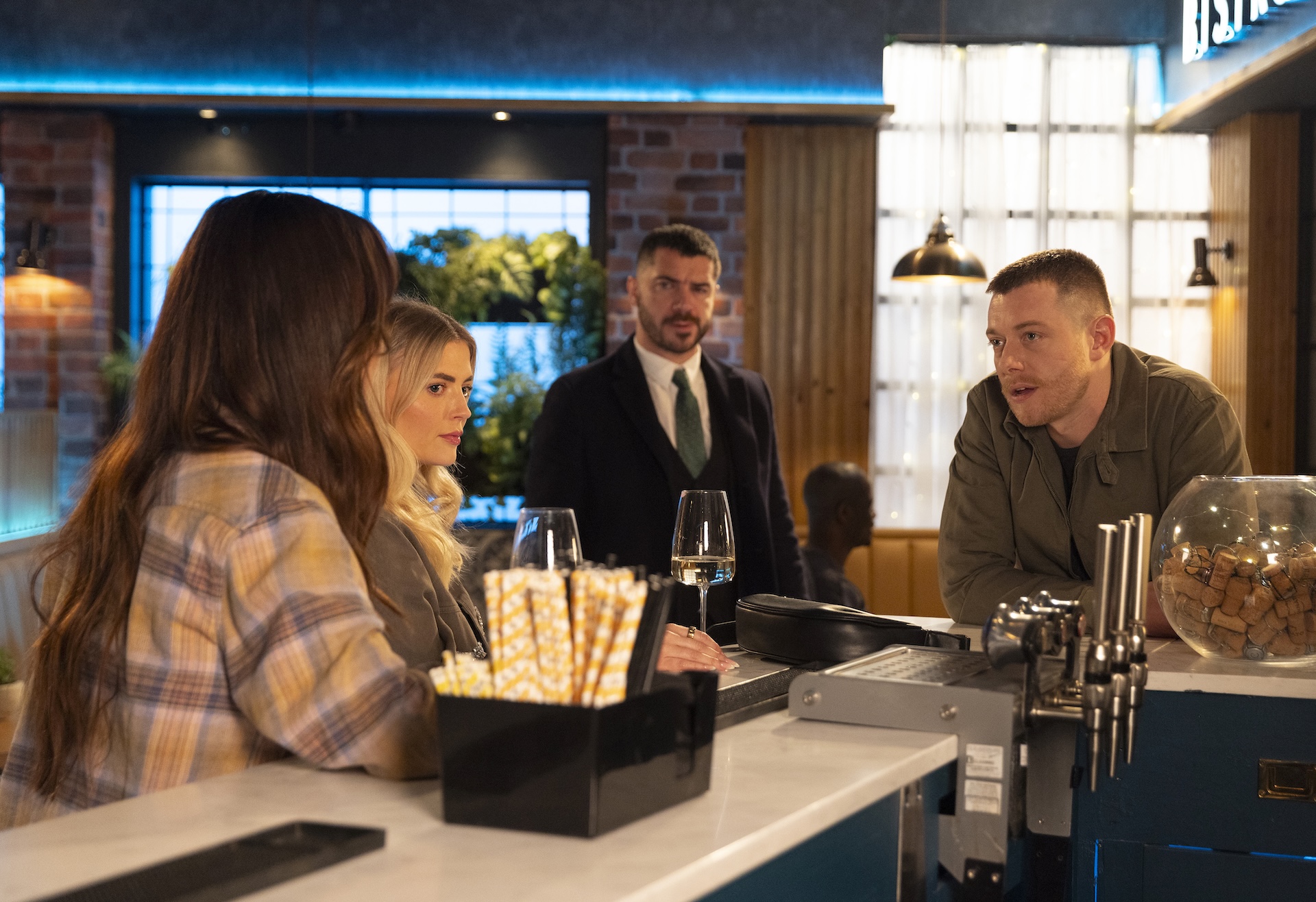 Jodie, Bethany, Adam and Daniel at the bistro in Coronation Street