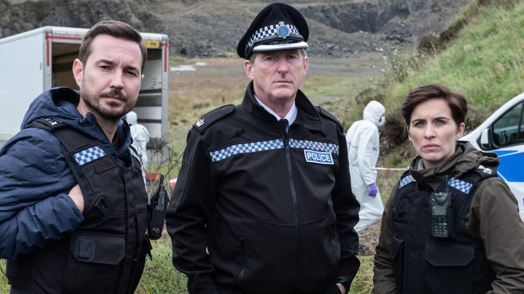 Martin Compston, Adrian Dunbar, and Vicky McClure in Line of Duty