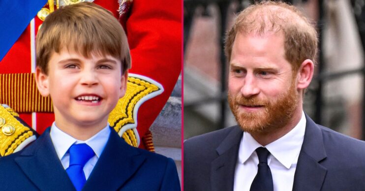 Prince Louis grinning beside Prince Harry