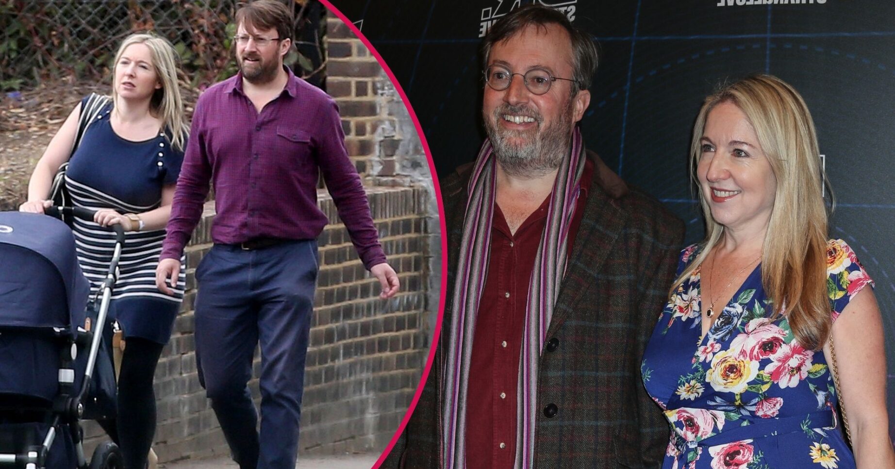 David and Victoria Mitchell pushing a pram/David and wife Victoria smiling