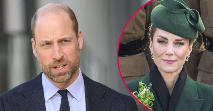 ED composite of Prince William in black suit and Kate Middleton in green look