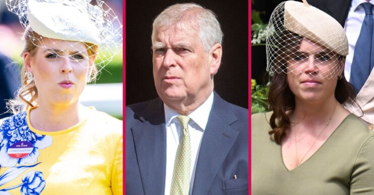 ED composite of Princess Beatrice and Eugenie at different events and Andrew Mountbatten-Windsor in suit