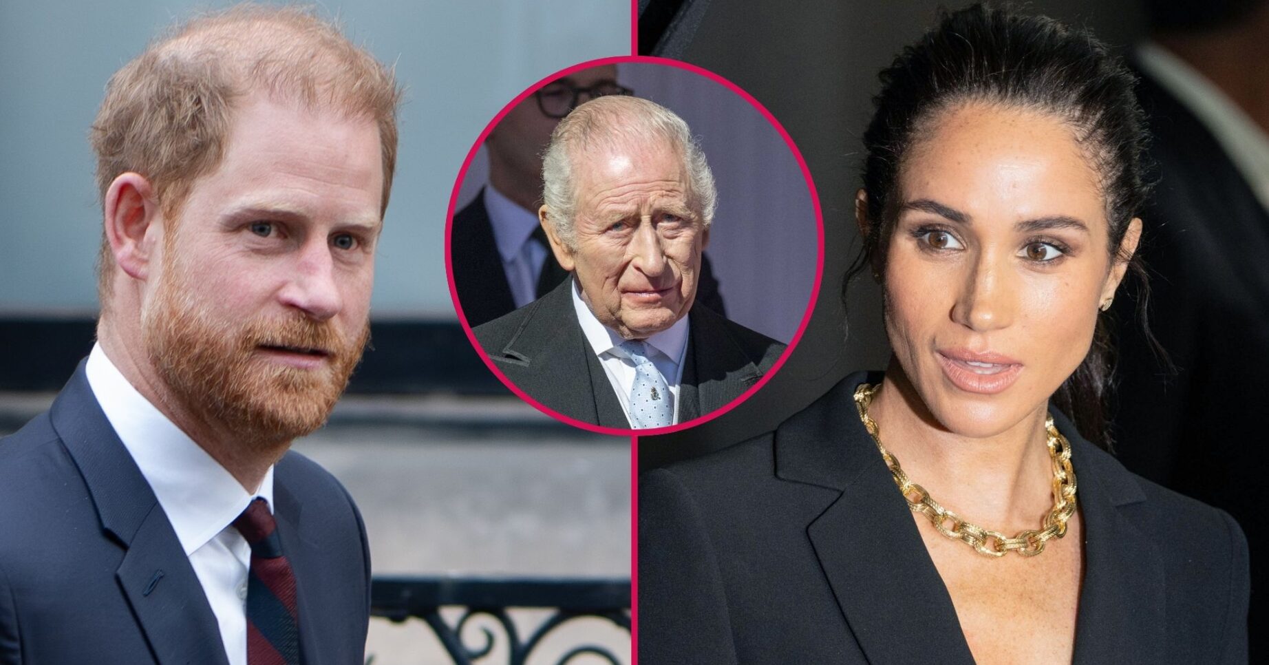 ED composite of Prince Harry and Meghan Markle at events and King Charles frowning