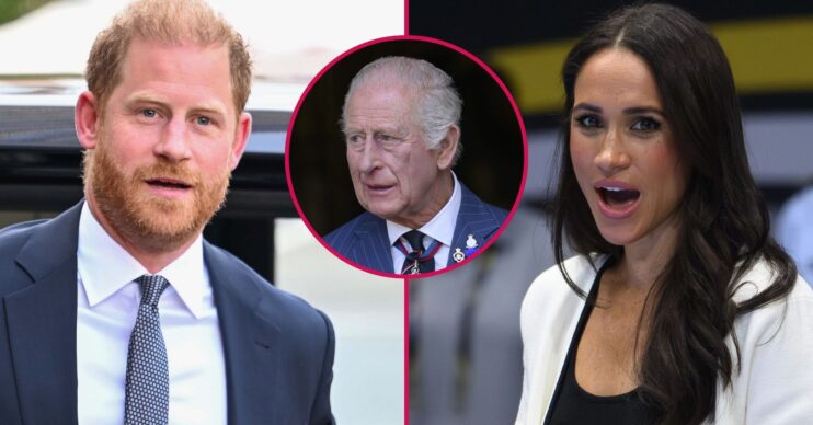 ED composite of Prince Harry in UK, Meghan Markle at Invictus Games and King Charles looking concerned at royal service