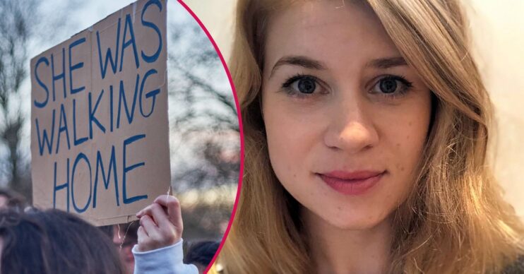 A sign from Sarah Everard's vigil and a photo of her