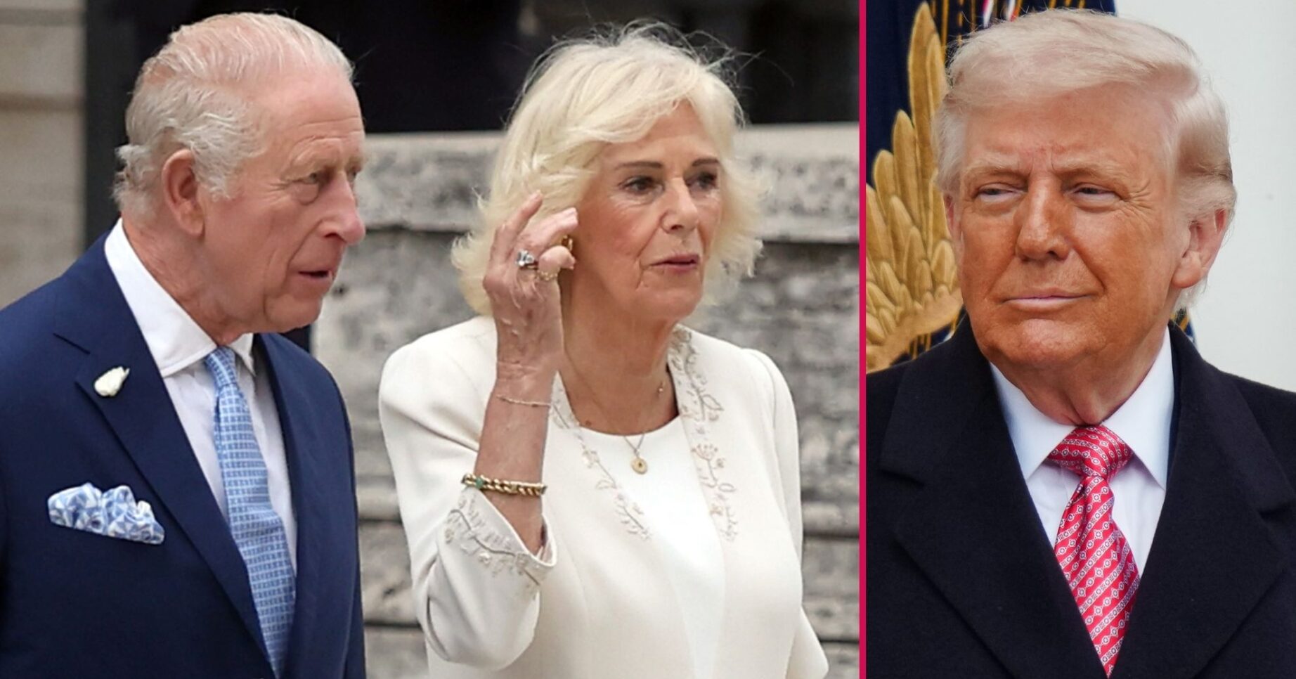 ED composite of King Charles and Queen Camilla and Donald Trump
