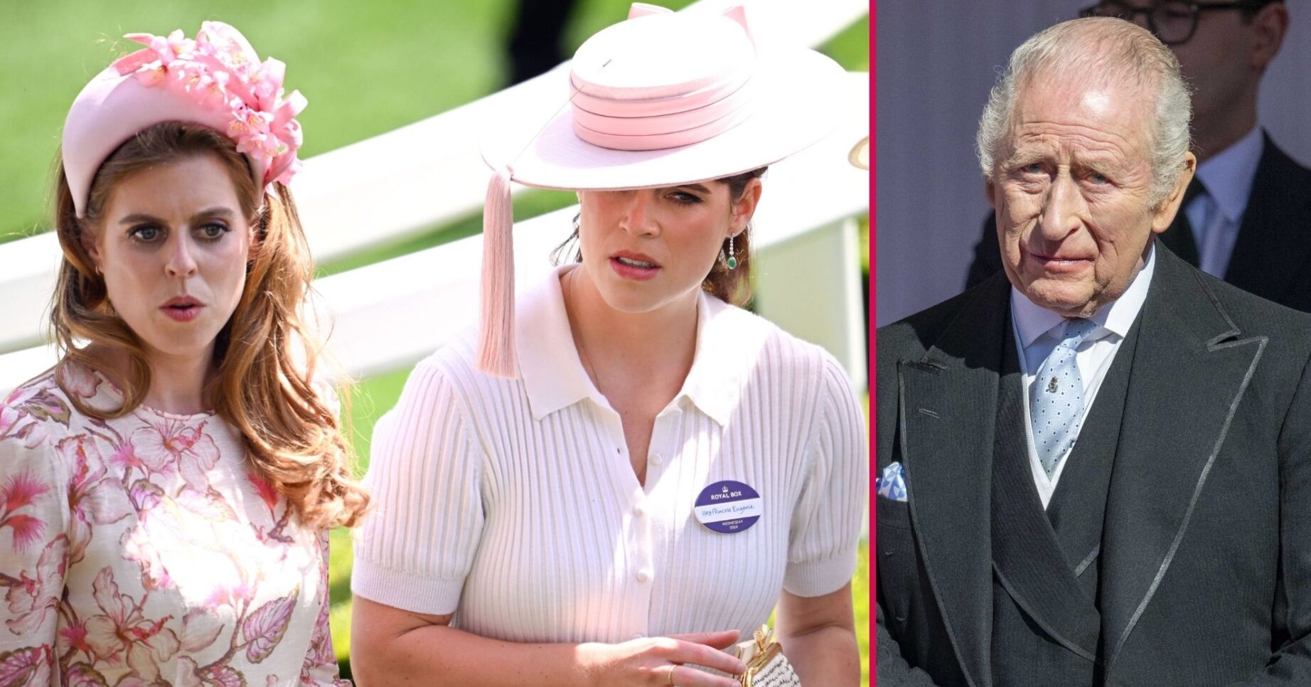 ED composite of Beatrice and Eugenie at Royal Ascot and King Charles frowning during state visit