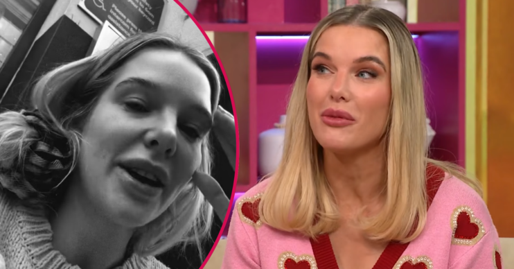 Helen Flanagan on Lorraine and in a black and white pic talking to camera