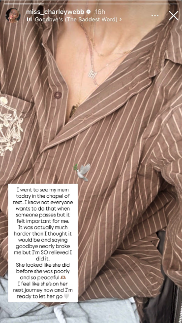 Close up of Charley Webb's striped top