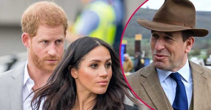 ED composite of Prince Harry and Meghan Markle and Peter Phillips at races