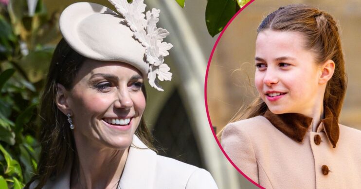 ED composite of Kate Middleton and Princess Charlotte smiling at Easter service