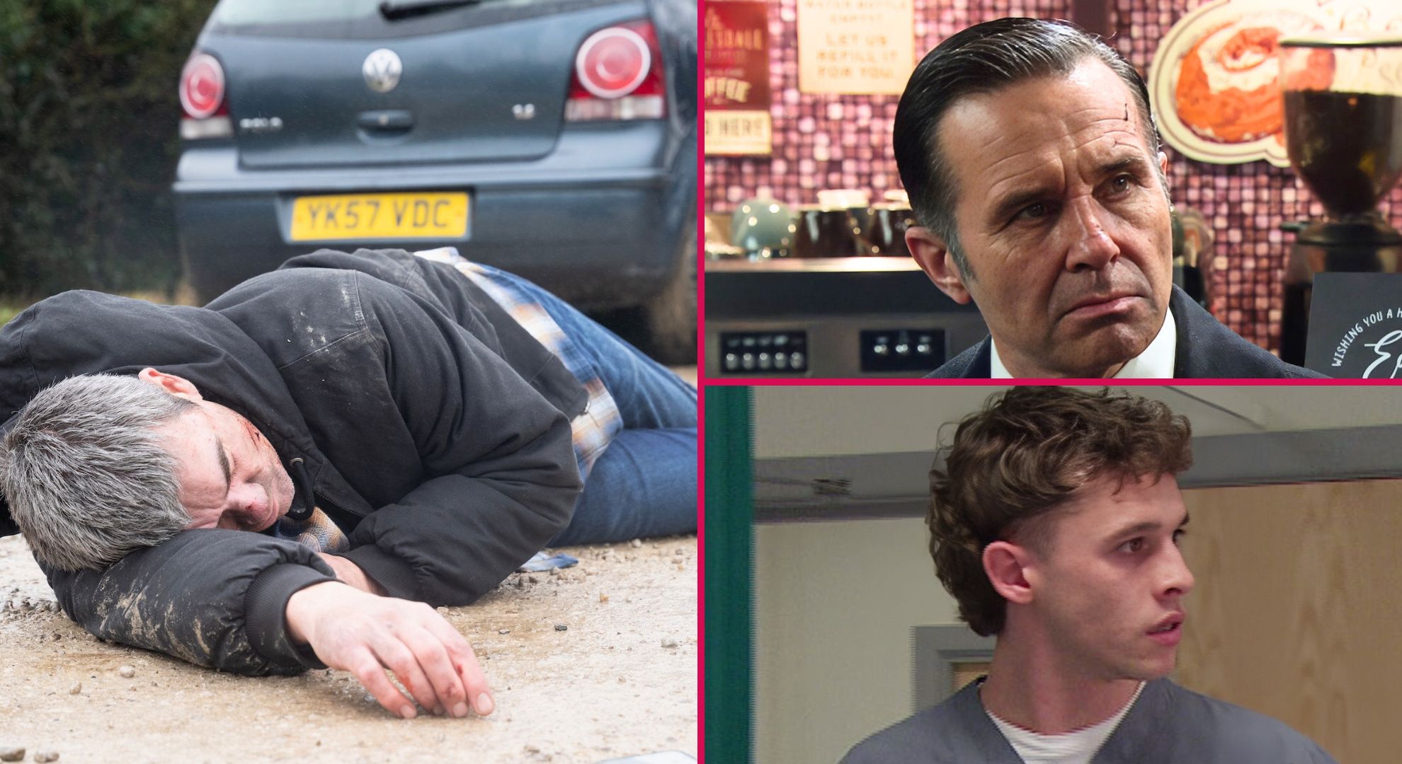 Graham, Kerry and Jacob all look guilty for knocking down Cain in Emmerdale