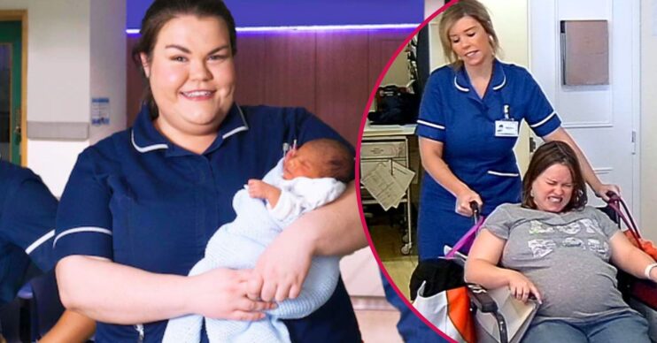 A nurse holding a baby and a nurse pushing a pregnant woman in a chair in One Born Every Minute