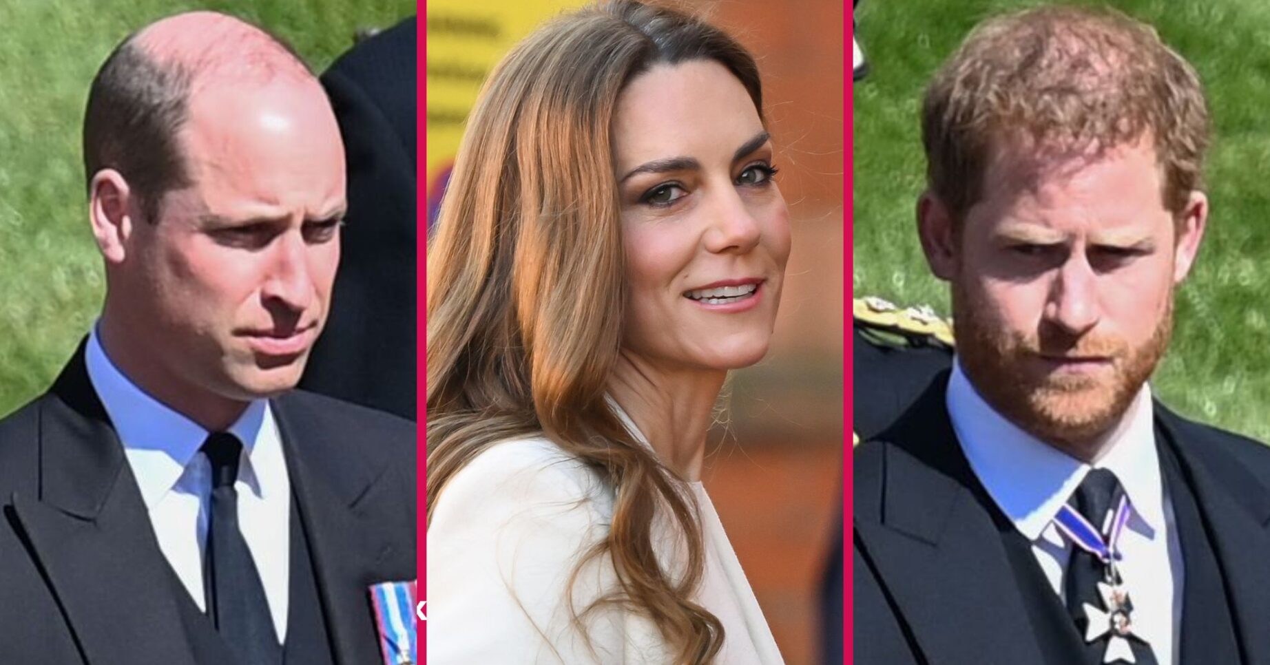 ED composite of Princes William and Harry at Prince Philip's funeral and Kate Middleton during royal engagement