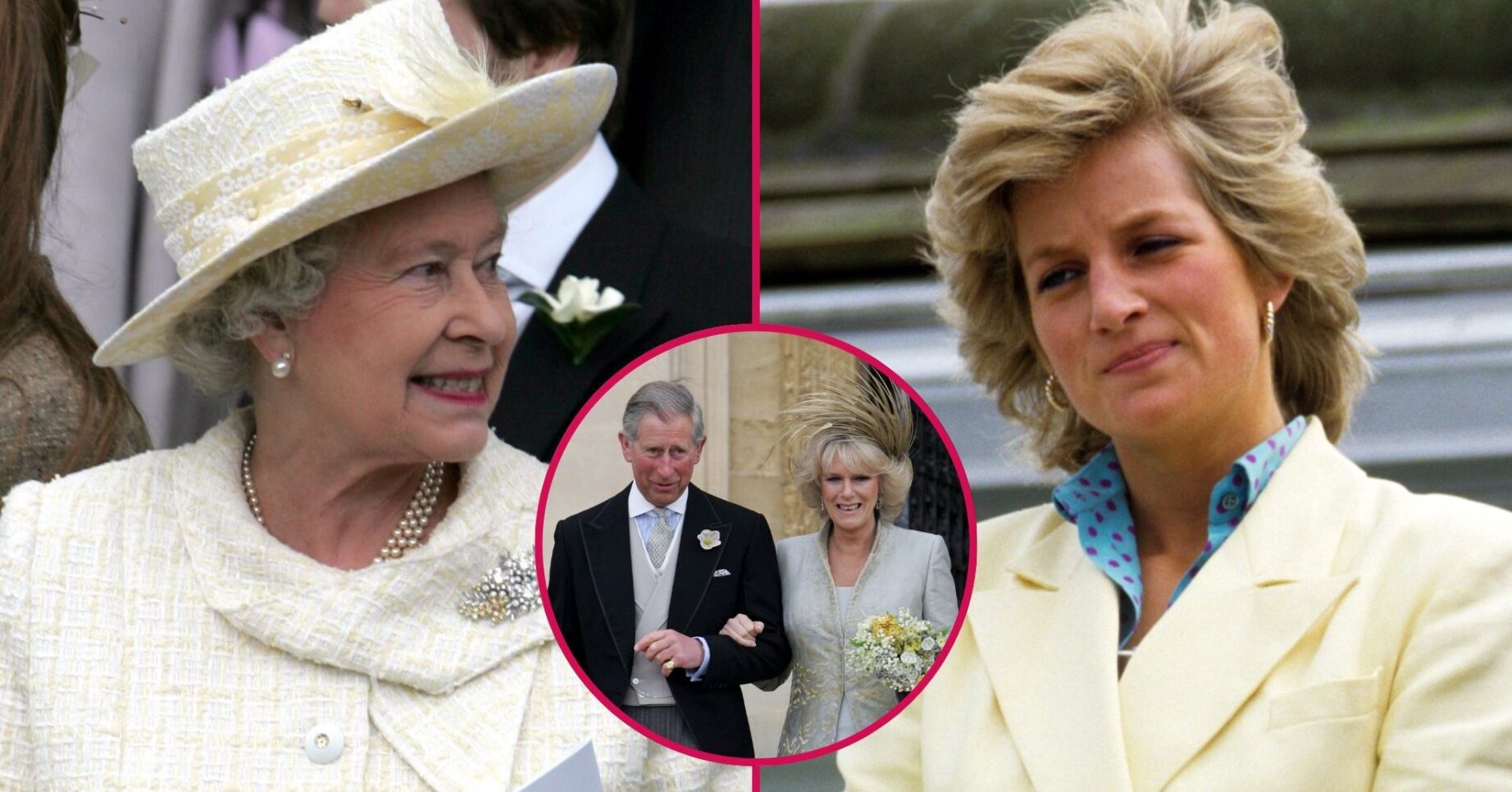 ED composite of Queen Elizabeth II at Charles and Camilla's wedding and Princess Diana in yellow blazer