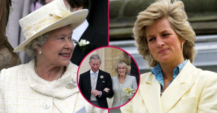ED composite of Queen Elizabeth II at Charles and Camilla's wedding and Princess Diana in yellow blazer