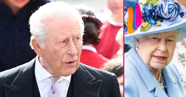 ED composite of King Charles looking serious and Queen Elizabeth II in blue