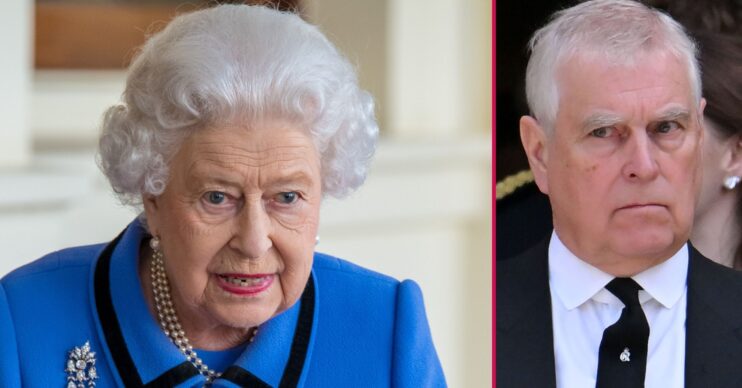 ED composite of Queen Elizabeth II in blue and Andrew Mountbatten-Windsor at Duchess of Kent's funeral