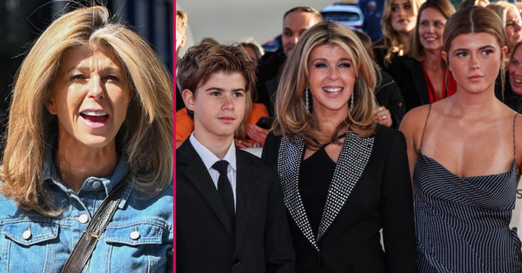 Kate Garraway in a denim jumpsuit and with her kids