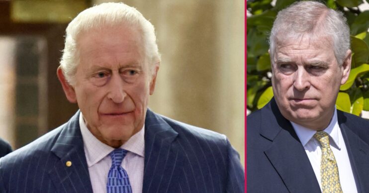 ED composite of King Charles and Andrew Mountbatten-Windsor in suits at different events