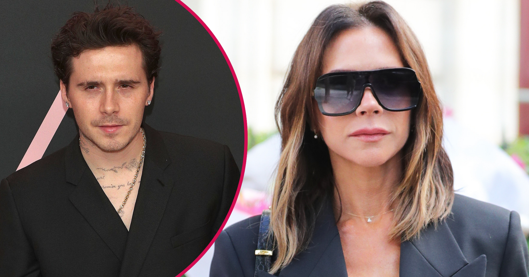 Brooklyn Beckham in a black suit and Victoria Beckham in sunglasses