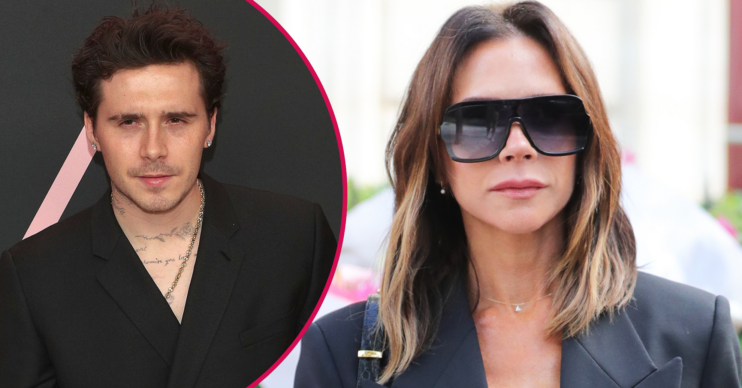 Brooklyn Beckham in a black suit and Victoria Beckham in sunglasses