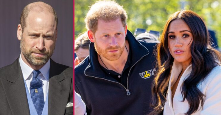 ED composite of Prince William looking serious and Prince Harry and Meghan Markle at Invictus Games