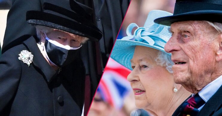 Queen Elizabeth wearing a mask at the funeral of Prince Philip and an image of Queen Elizabeth II and Prince Philip in a carriage together