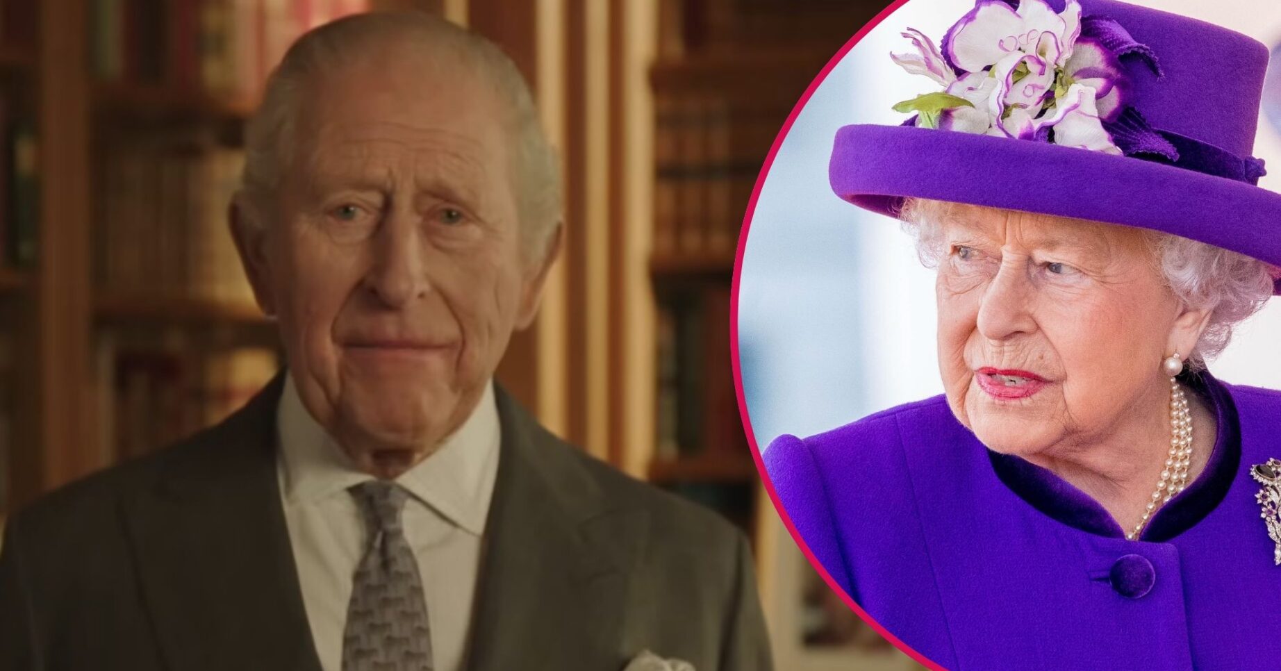 ED composite of King Charles speaking in speech and Queen Elizabeth II in purple outfit