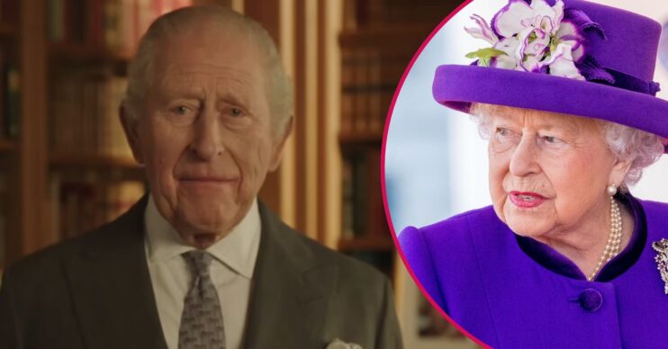 ED composite of King Charles speaking in speech and Queen Elizabeth II in purple outfit