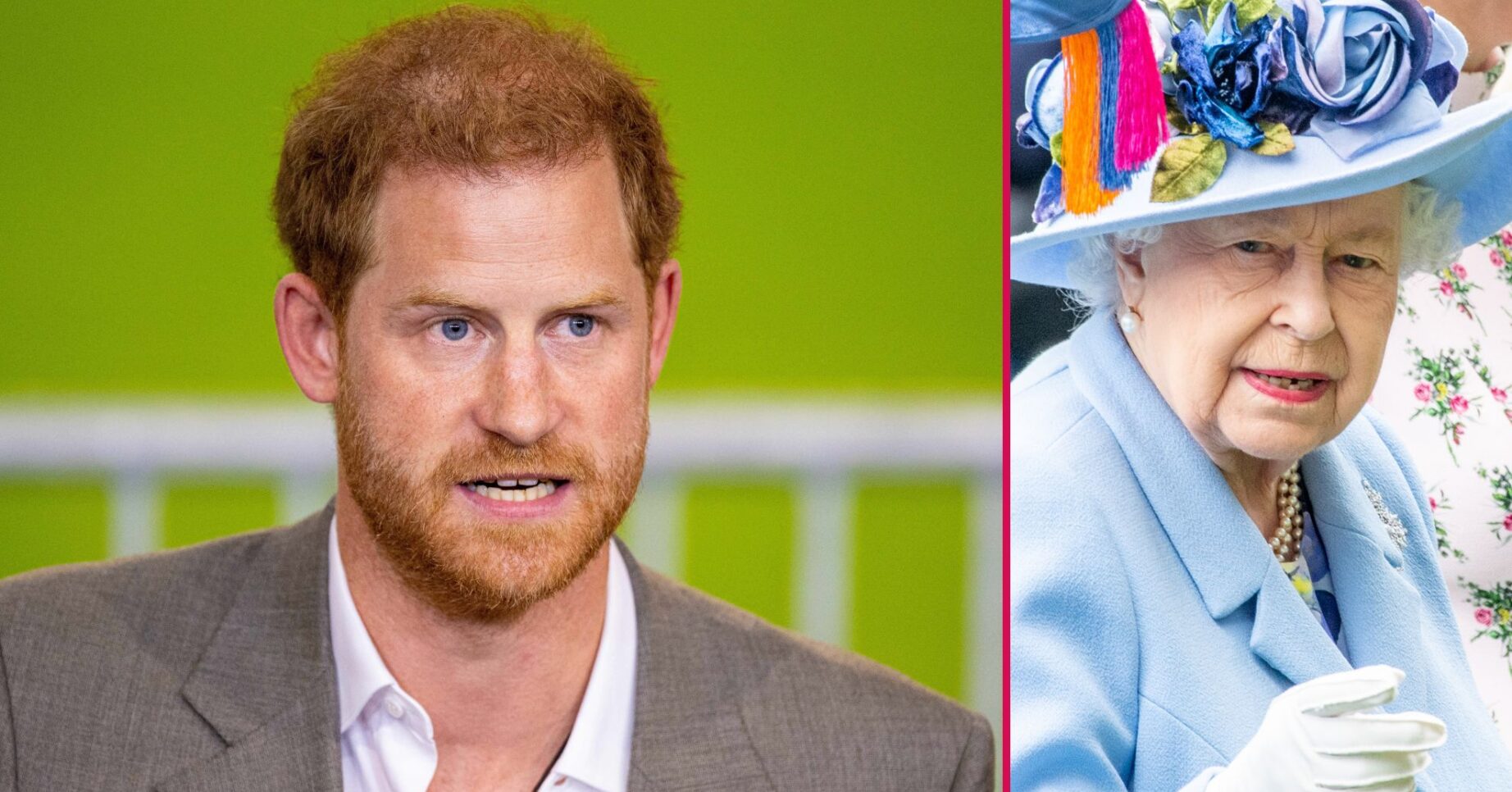 ED composite of Prince Harry in grey suit and Queen Elizabeth II in blue outfit