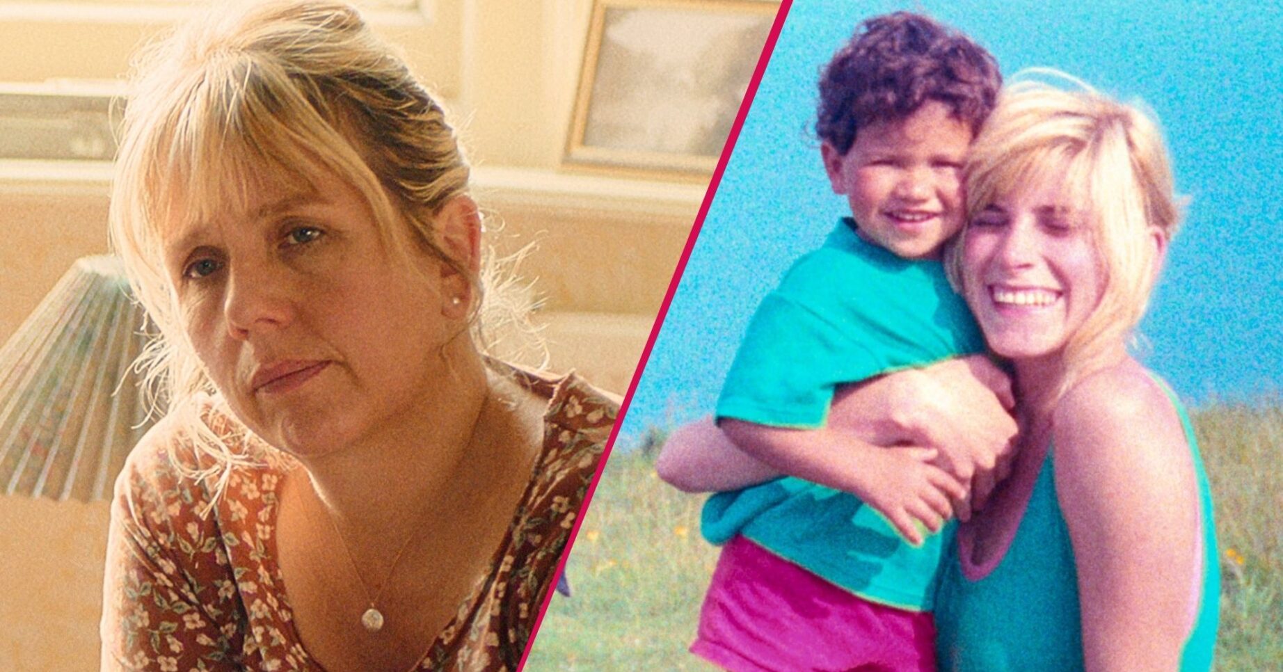 Kerry Godliman in The Witness and a real photo of Rachel Nickell and her son Alex