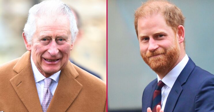 King Charles and Prince Harry smiling