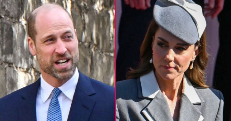 ED composite of Prince William in suit and Kate Middleton in grey outfit