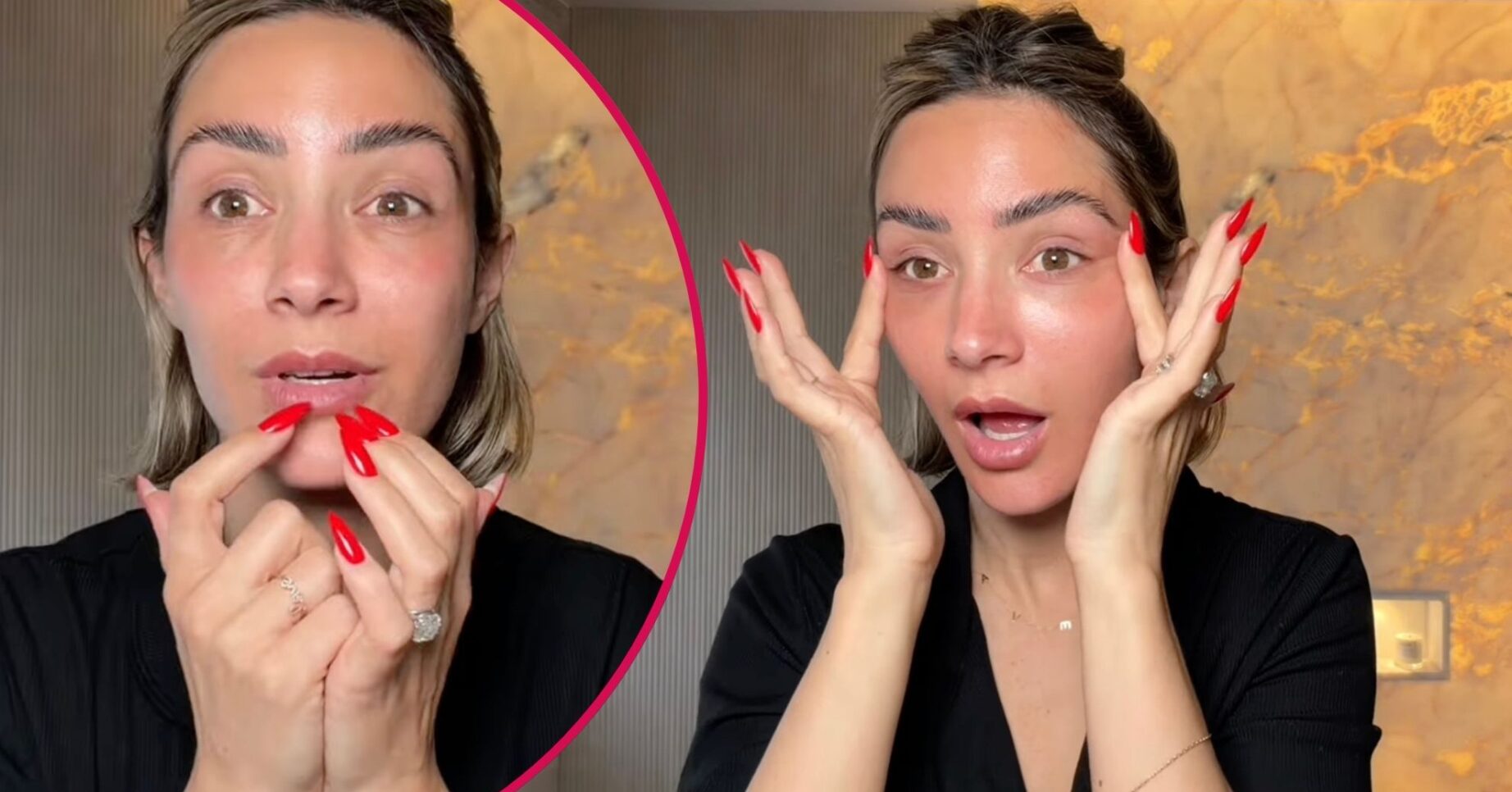 Frankie Bridge getting ready and pointing to her cosmetic surgery