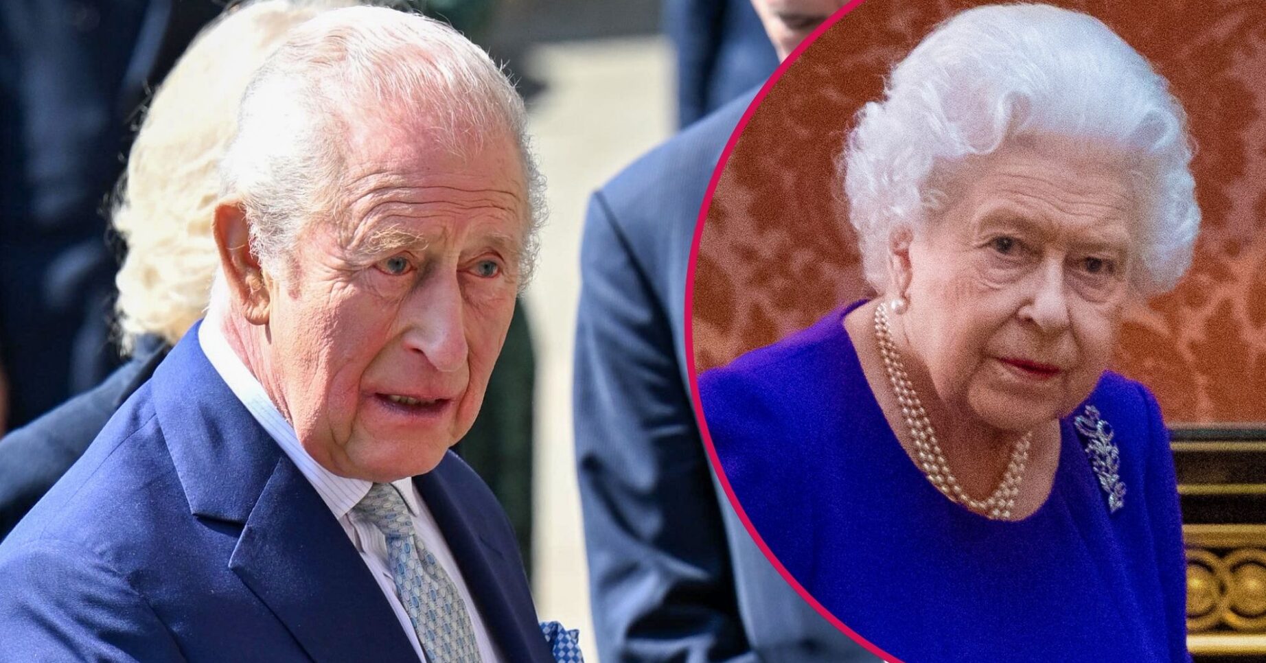 ED composite of King Charles in blue suit and Queen Elizabeth II in blue dress