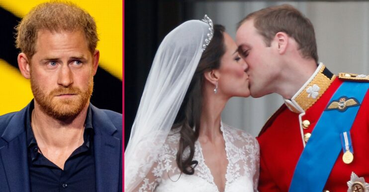 ED composite of Prince Harry looking serious and Prince William kisses Kate Middleton on their wedding day