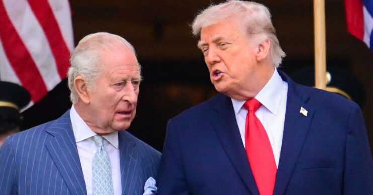 King Charles and Donald Trump conversing with serious expressions