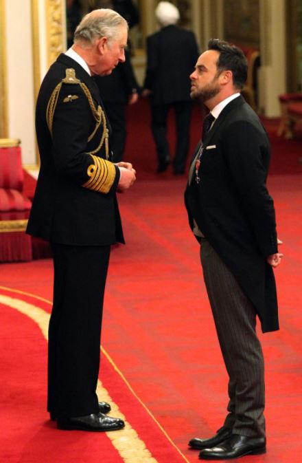 Ant McPartlin is made an OBE by the Prince of Wales at Buckingham Palace in January 2017 (Jonathan Brady/PA)