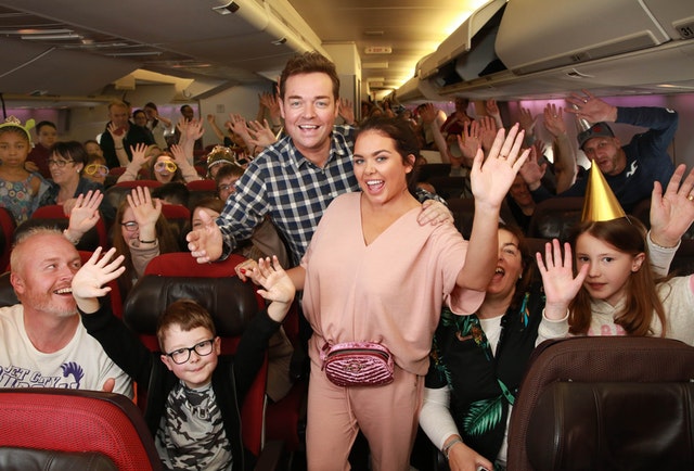 TV presenters Stephen Mulhern and Scarlett Moffatt get ready for take-off (Matt Alexander/PA)