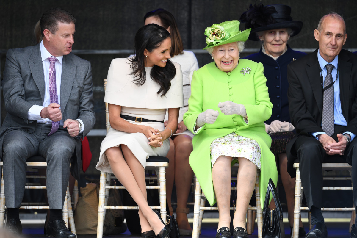 Queen Elizabeth II laughs with Meghan, Duchess of Sussex during a ceremony to open the new Mersey Gateway Bridge on June 14, 2018 in the town of Widnes in Halton, Cheshire, England. Meghan Markle married Prince Harry last month to become The Duchess of Sussex and this is her first engagement with the Queen. During the visit the pair will open a road bridge in Widnes and visit The Storyhouse and Town Hall in Chester. (Queen Elizabeth II laughs with Meghan, Duchess of Sussex during a ceremony to open the new Mersey Gateway Bridge on June 14, 2018 in the town of Widnes in Halton, Cheshire, England. Meghan Markle married Prince Harry last month to become The Duchess of Sussex and this is her first engagement with the Queen. During the visit the pair will open a road bridge in Widnes and visit The Storyhouse and Town Hall in Chester. (Photo by Jeff J Mitchell/Getty Images)