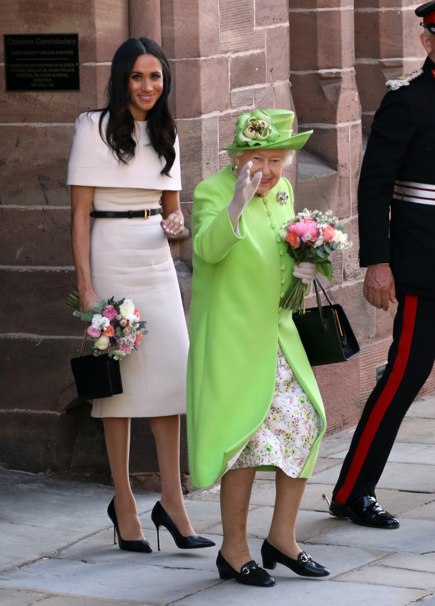 HM Queen Elizabeth II and Meghan Markle, Duchess of Sussex, visit Chester on their first public engagement together. Chester, Cheshire, on June 14, 2018.