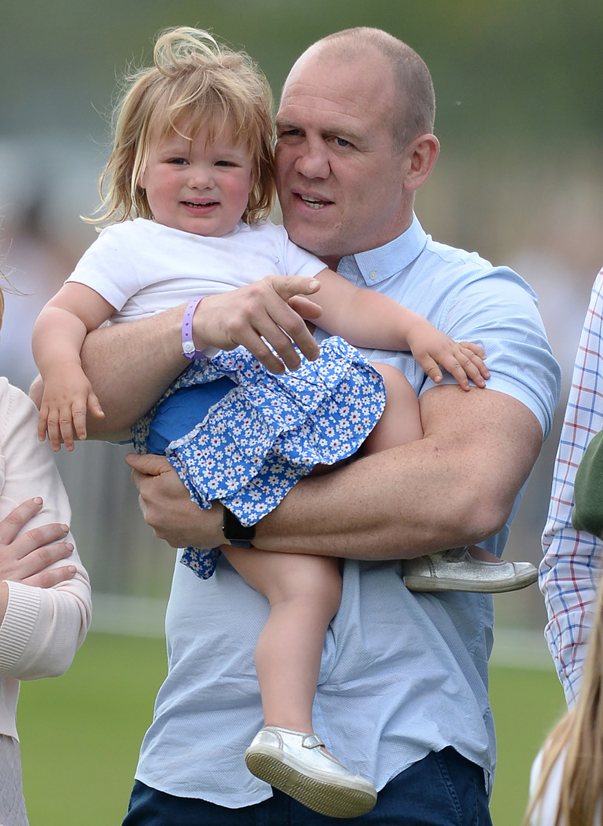 Mike Tindall and daughter Mia watch as Zara Tindall competes at the Badminton Horse Trials