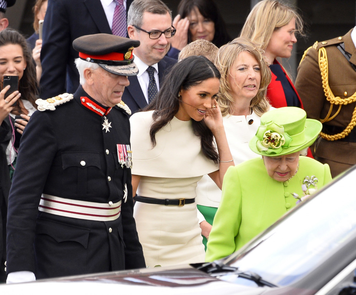 The Queen, The Duchess of Sussex, monarch is accompanied by The Duchess on a visit to Cheshire on their first official Royal engagement together