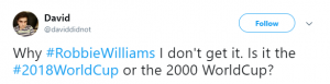 Tweets about Robbie Williams performing at World Cup (Credit: Twitter)