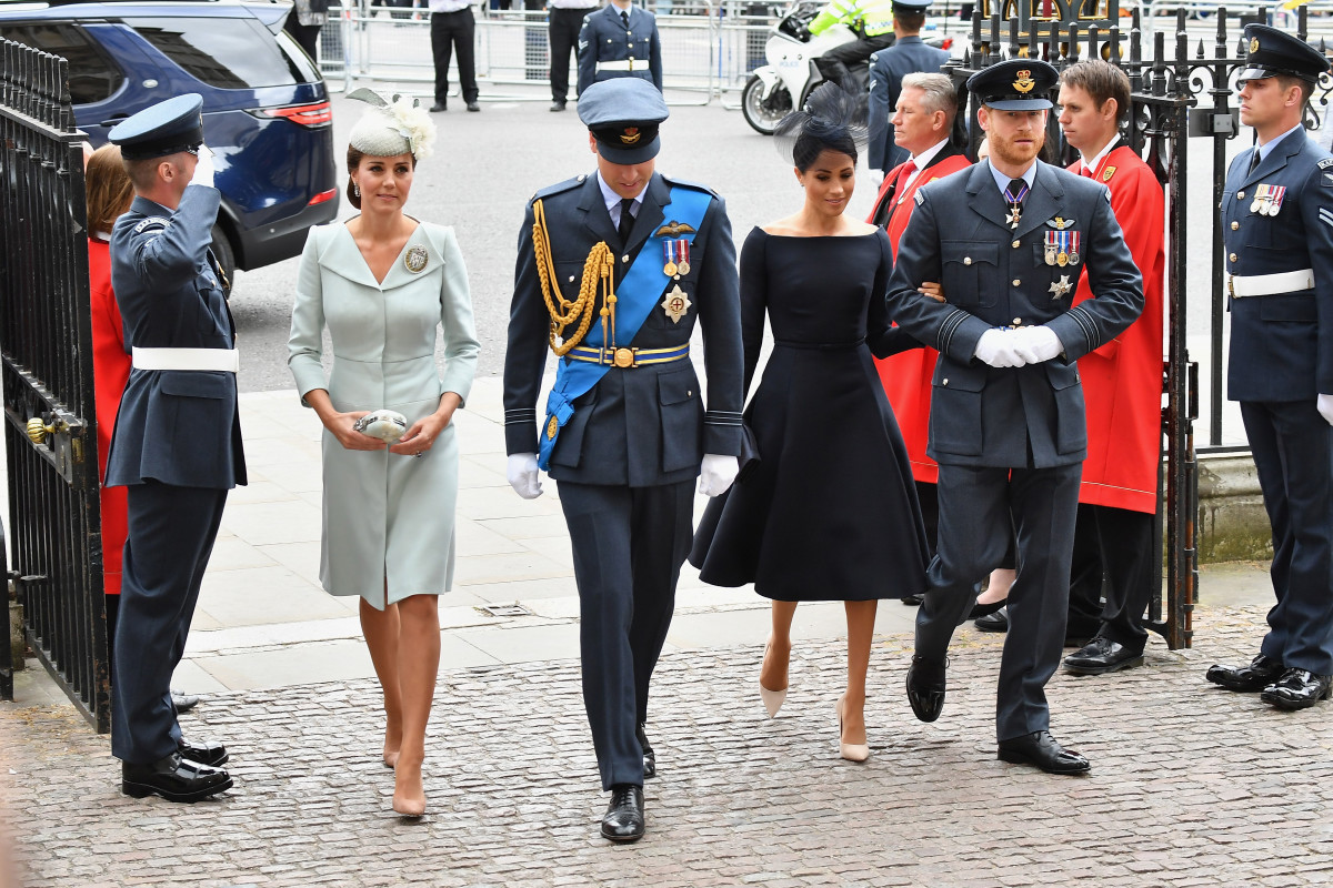 Catherine, Duchess of Cambridge, Prince William, Duke of Cambridge, Meghan, Duchess of Sussex and Prince Harry, Duke of Sussex attend as members of the Royal Family attend events to mark the centenary of the RAF on July 10, 2018 in London, England. (Photo by Jeff Spicer/Getty Images)