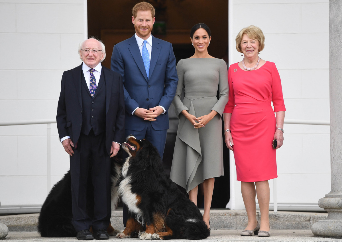 Prince Harry, the Duke of Sussex and Meghan, the Duchess of Sussex meet the President of Ireland, Michael Higgins and his wife Sabina Coyne at Aras an Uachtarain in Dublin Who: