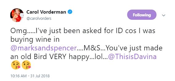 Carol Vorderman asked for ID while buying wine