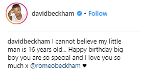 David Beckham's sweet Instagram message for Romeo on his 16th birthday 