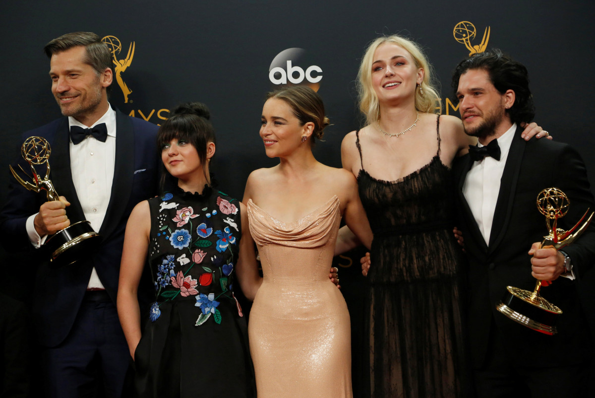 Cast of "Game of Thrones" pose backstage with their awards at the 68th Primetime Emmy Awards in Los Angeles, California